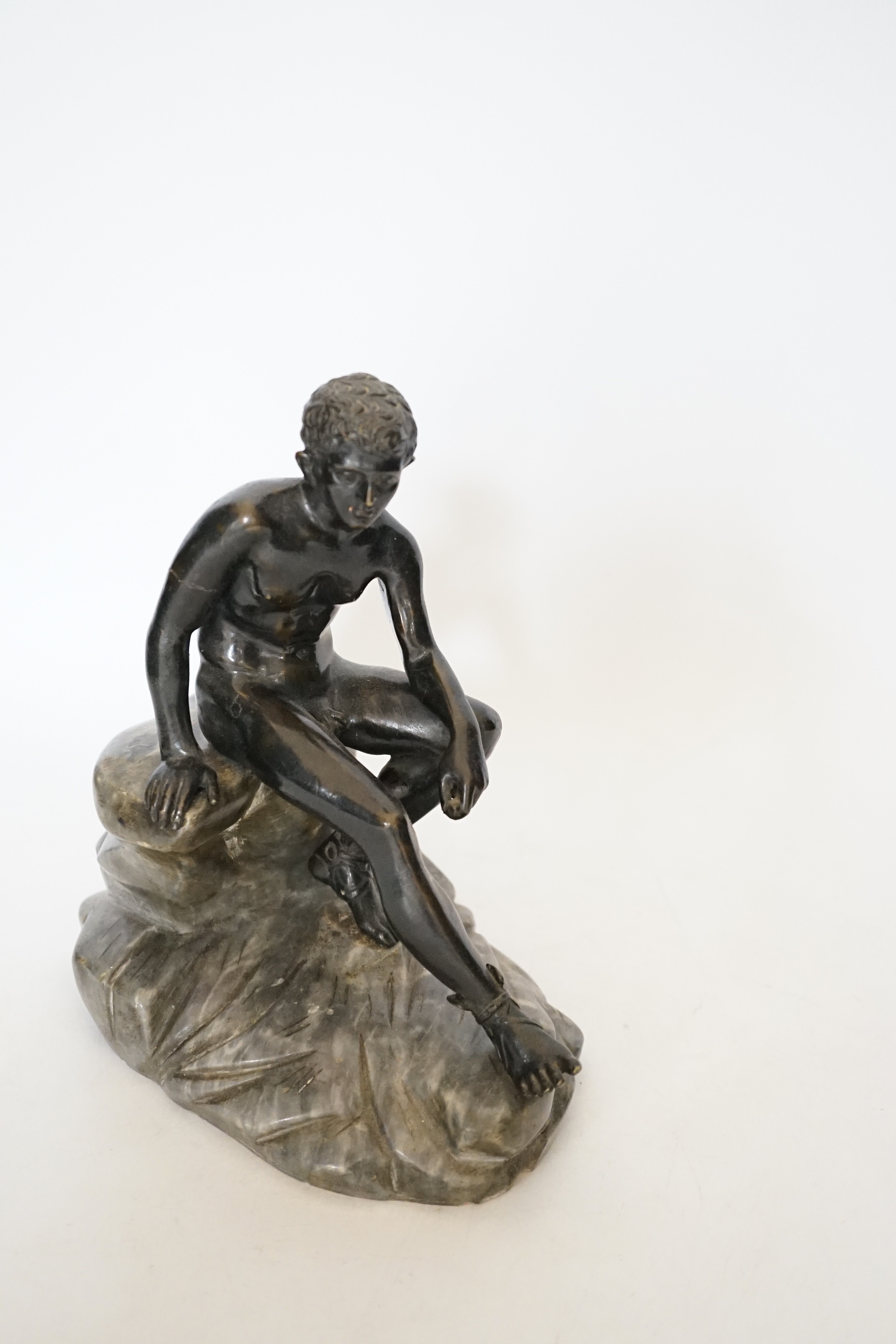 After the Antique, an early 20th century bronze figure of Mercury seated on marble, 20cm